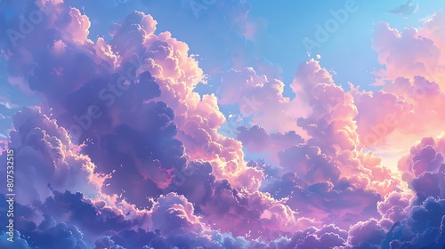 Powder blue cotton candy clouds drifting across a pastel sunset sky, dreamy and romantic.