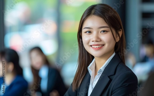 Portrait of young attractive Asian female office worker in formal business suit smiling happily