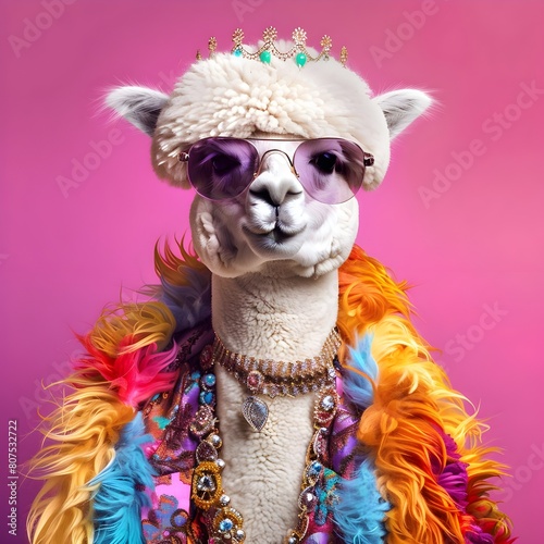 Alpaca or lama in national mexican hat Lama portrait with sunglasses Funny animals in a group together looking at the camera wearing clothes having fun together taking a selfie An unusual moment full 