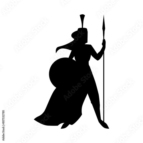 Silhouette of a woman warrior, vector icon with helmet, spear and shield.