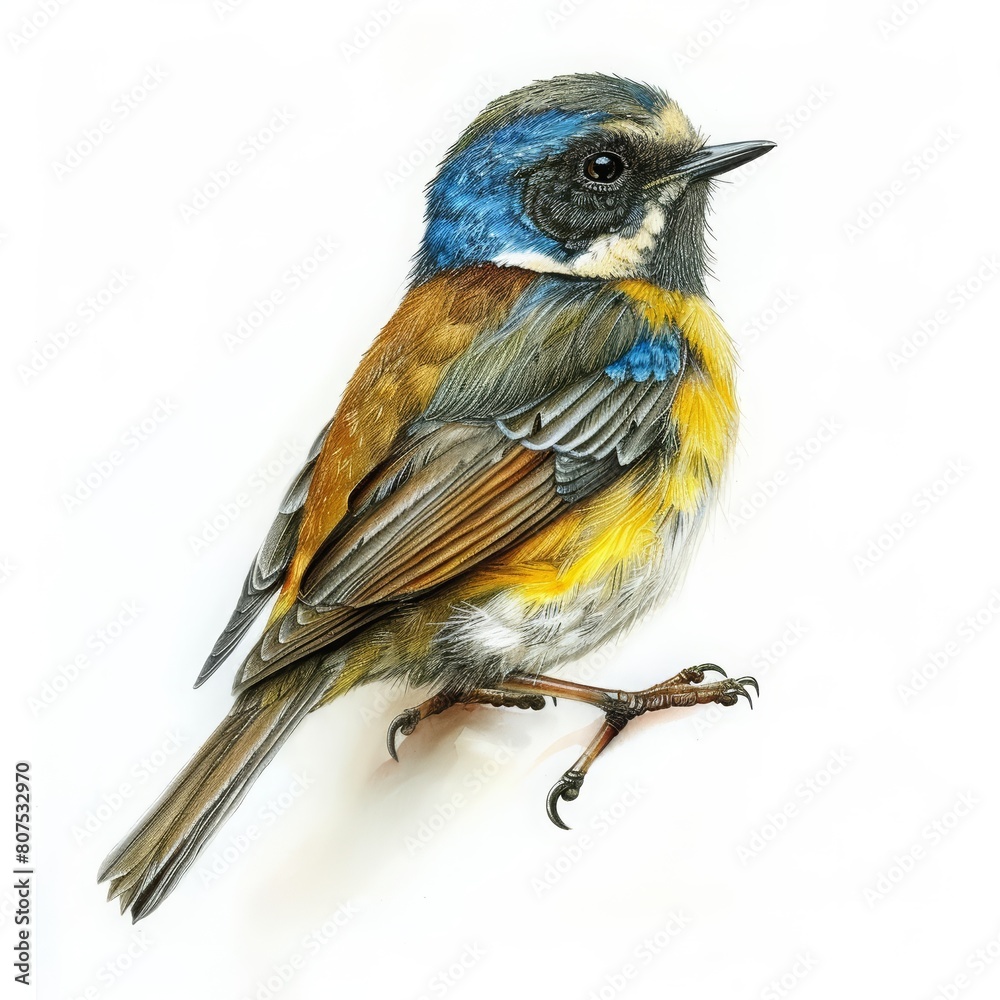 Fototapeta premium A tiny bird, a vibrant songster of the forest, rendered beautifully on a solid white background