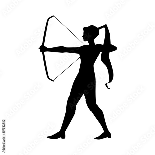 Woman warrior archer aiming vector black silhouette, female character medieval knight with bow and arrow
