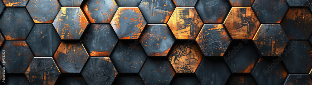  Dark blue and orange hexagonal background with a metallic sheen. Created with Ai