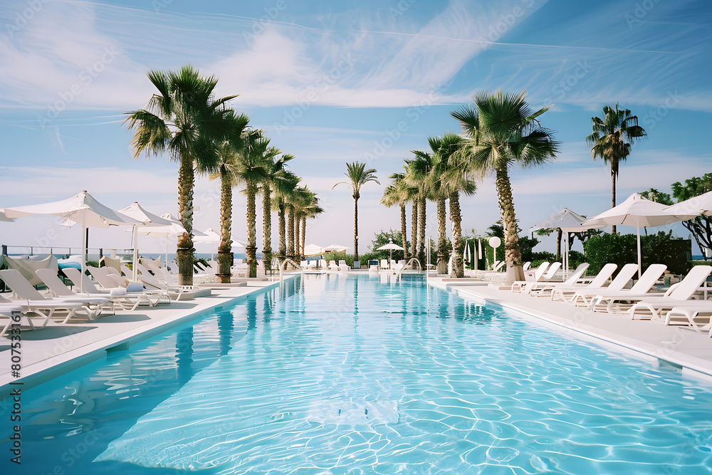 Swimming pool and sun loungers at stylish tropical spa hotel, summertime banner mockup. Summer travel sales and vacation concept. Swimming pool and sun loungers at stylish tropical spa hotel, summertime banner mockup. Summer travel sales and vacation concept.
