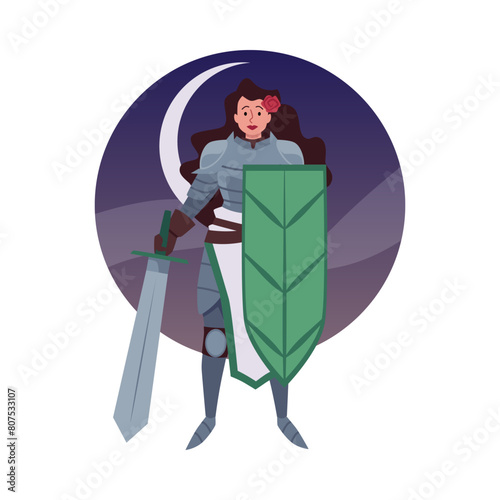Armored beautiful woman medieval knight with huge sword and shield, vector cartoon ancient warrior with flower in hair