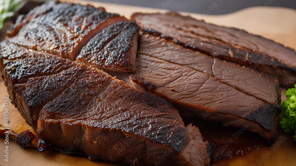 Juicy roast beef with spices sliced on cutting board, delicious meat, traditional food. Created with generative AI Juicy roast beef with spices sliced on cutting board, delicious meat, traditional food. Created with generative AI
