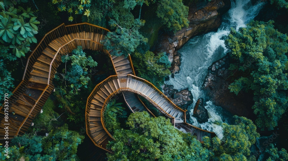 Obraz premium Aerial Photography of a Serene Waterfall Cascading Through a Spiral Wooden Structure