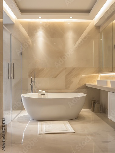 Interior of a modern bathroom with a bathtub