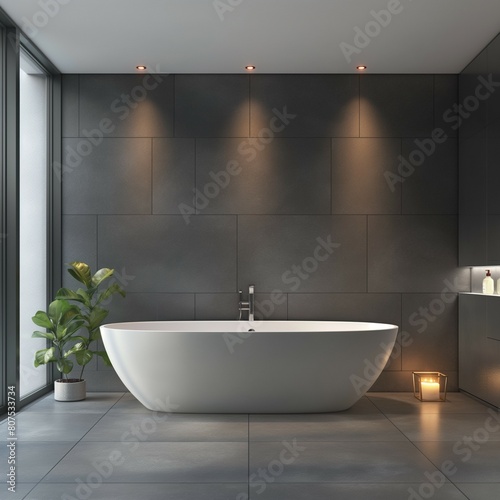 Interior of a modern bathroom with a bathtub