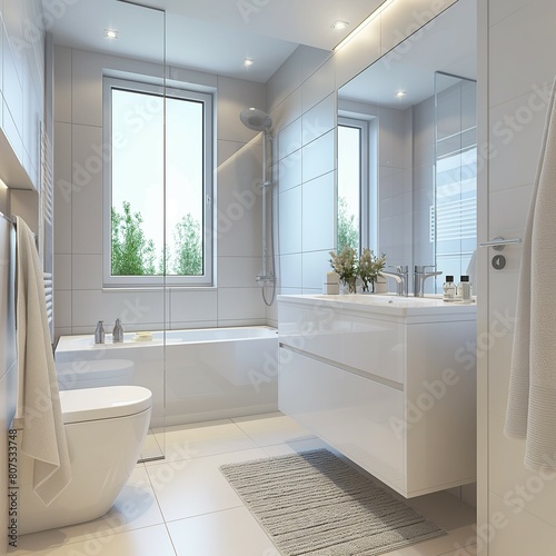 Interior of a modern bathroom with a bathtub