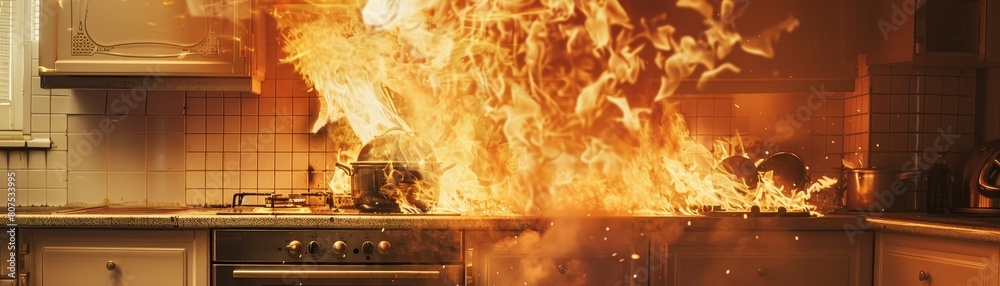 Fototapeta premium Home kitchen engulfed in flames in the style