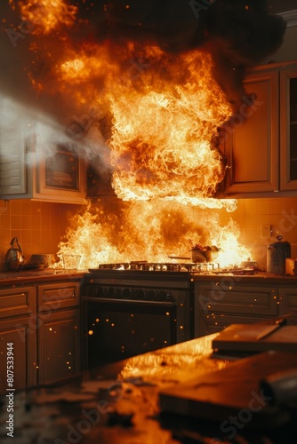 Home kitchen engulfed in flames in the style