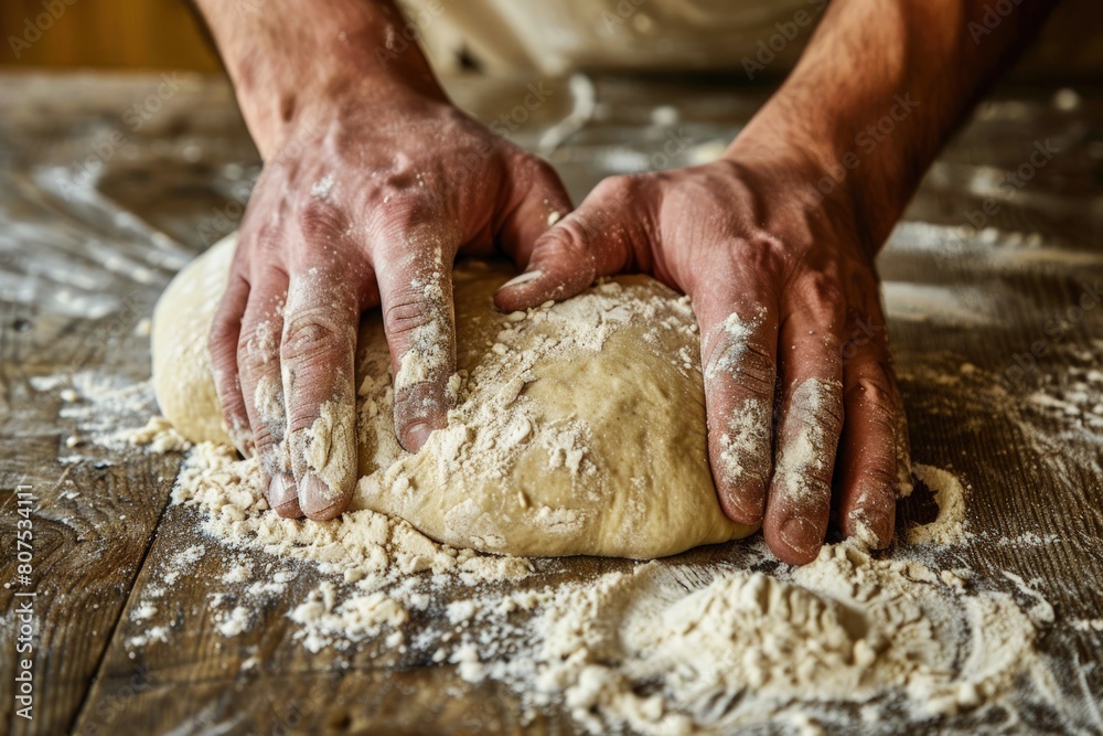 A closeup of hands kneading dough on an old wooden table, symbolizing the artistry and skill behind making bread or pizza dough.
