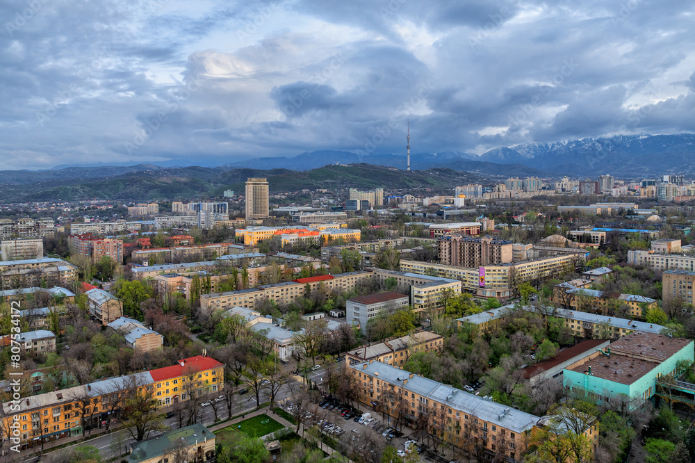 Fototapeta premium View from a quadcopter of the central part of the Kazakh city of Almaty on a spring evening