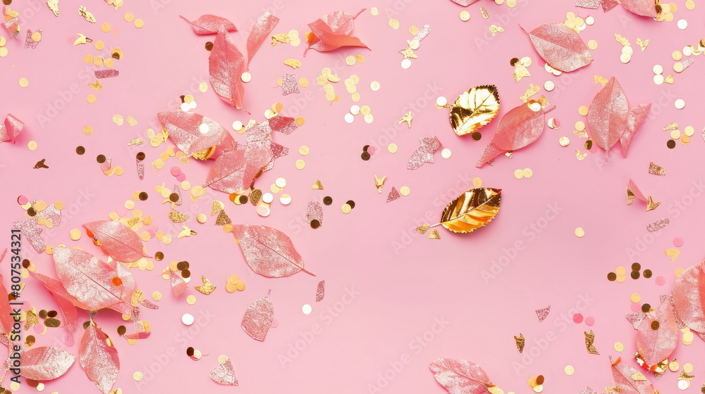 Seamless pattern. Pink background with glittery leaves and golden confetti, ideal for festive and celebration themes.