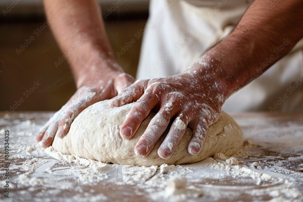 A closeup of hands kneading dough on an old wooden table, symbolizing the artistry and skill behind making bread or pizza dough.