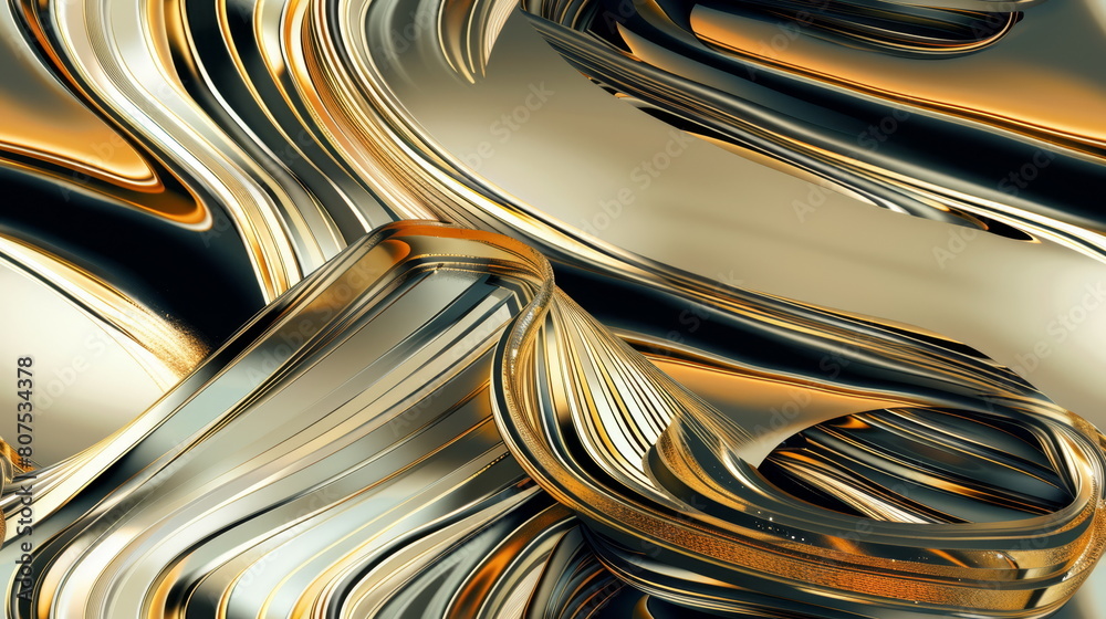 Seamless pattern. Dynamic abstract metal swirls in golden and black tones, perfect for luxury design themes.
