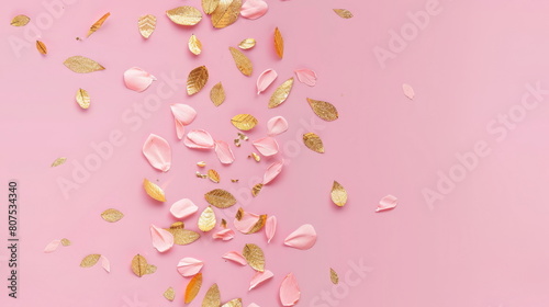 Seamless pattern. Pink background with glittery leaves and golden confetti  ideal for festive and celebration themes.