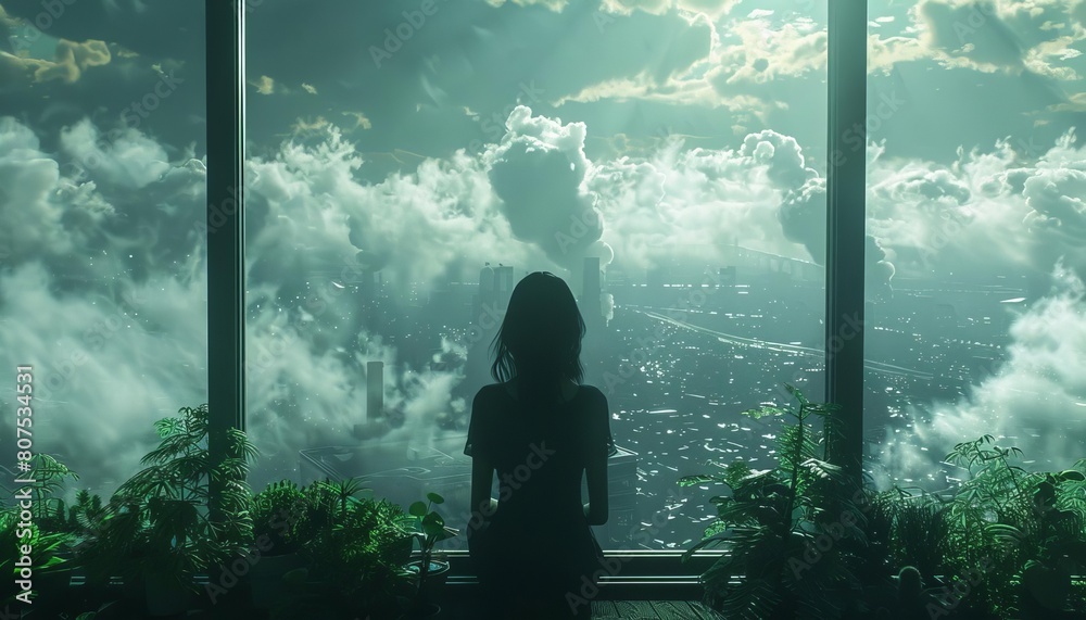 Fototapeta premium Looking Room with Smoke Ahead Factories emitting smoke in the background, with looking room symbolizing a grim future due to pollution