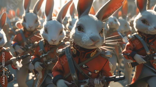 Cute Rabbit army parade scene wearing beautiful uniform and holding a weapon.