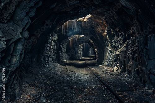 A network of abandoned mine tunnels, their dark passages stretching deep into the earth, now haunted by echoes of the past, Generative AI