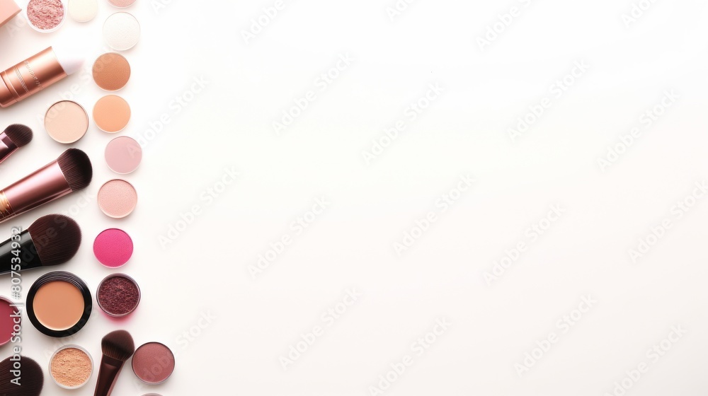 makeup items and brushes, featuring eyeshadows and blushes on a white surface.