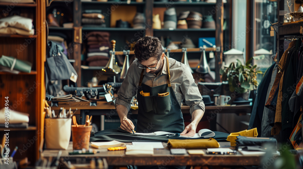 A male artisan meticulously works on crafting materials in a well-equipped leather workshop filled with various tools. A male artisan meticulously works on crafting materials in a well-equipped leather workshop filled with various tools.