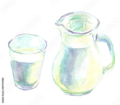 水彩で描いた牛乳の入ったピッチャーとグラスのイラスト