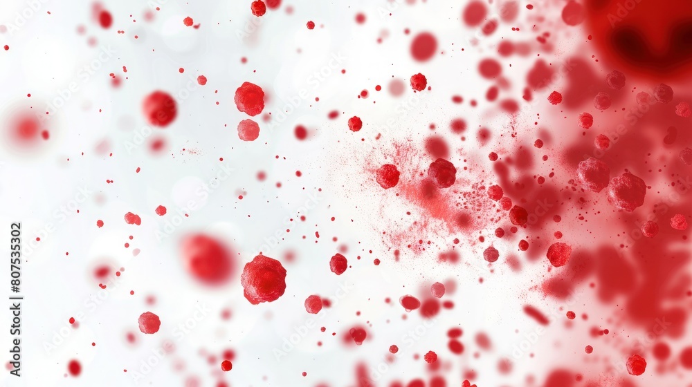 Abstract red liquid with flying red cell particles on a white background. Abstract red liquid with flying red cell particles on a white background.