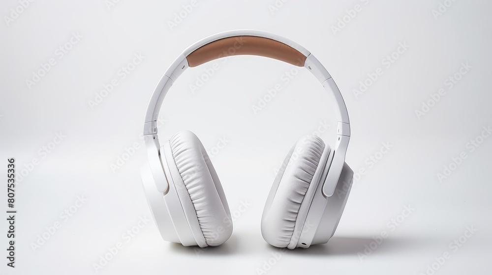 White headphone standing on white background Modern white headphones with a tan headband White headphone standing on white background Modern white headphones with a tan headband