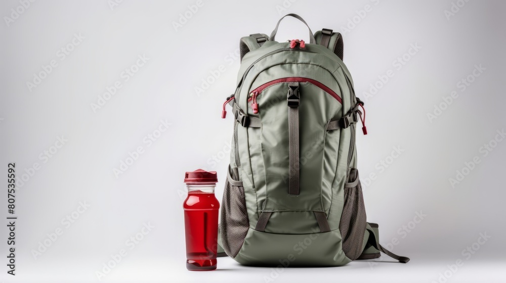 a green backpack with red zippers and a matching red water bottle, set against a white background a green backpack with red zippers and a matching red water bottle, set against a white background