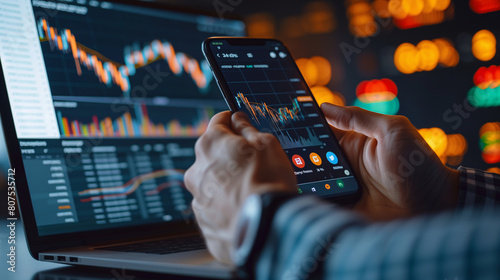 Wallpaper Mural Close-up of investor's hands using smartphone and laptop to study financial statistics and stock market trends. Torontodigital.ca