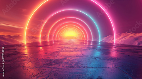 Abstract futuristic background with colorful neon-lit tunnel with a rainbow arch