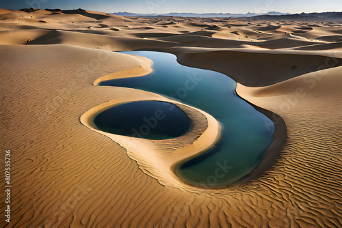 Mirage Oasis: A Surreal Pool Amidst a Barren Desert Landscape