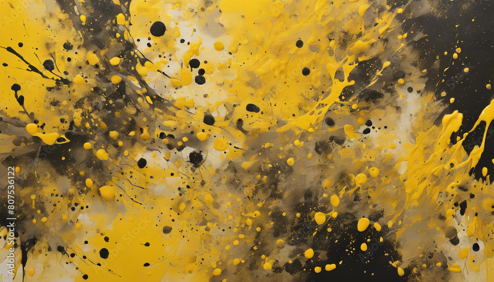 Obraz premium An intricate top-down view of radiant yellow paint splatters dispersed across a neutral canvas, with dynamic patterns and textures, capturing the essence of creativity and spontaneity ULTRA HD 8K