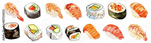 Creative watercolor food, a delicious array of sushi in minimal styles, clipart watercolor easy detail on white background photo