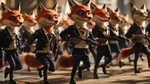 Cute and clever Fox soldier Army in uniform and  holding weapon. photo