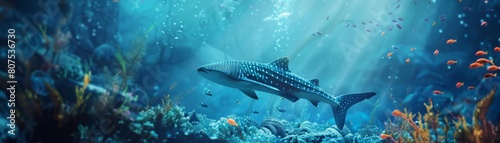 Futuristic concept of aqua animal exploring urban underwater habitats, depicted in modern classic styles, Closeup cinematic Sharpen photo
