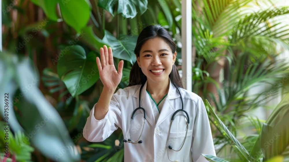 Friendly young Asian doctor waving in a lush hospital setting, portraying warmth and welcoming healthcare. Friendly young Asian doctor waving in a lush hospital setting, portraying warmth and welcoming healthcare.