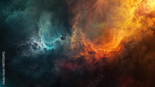 Abstract background of swirling nebulae and stars with two vibrant cosmic clouds colliding in a spectacular display of light and color photo