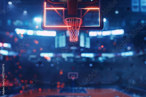 Glow HUD highlights a bright basketball icon over a blurred sports arena © Sweettymojidesign