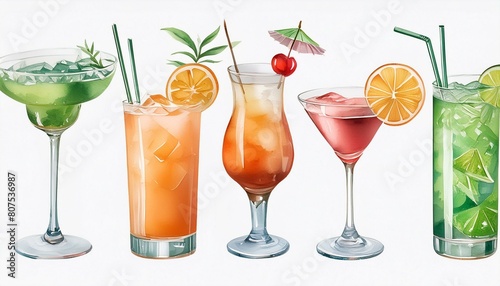 cocktails on the beach, two glasses of champagne and fireworks, Watercolor illustration of drinks and cocktails collection on white background.