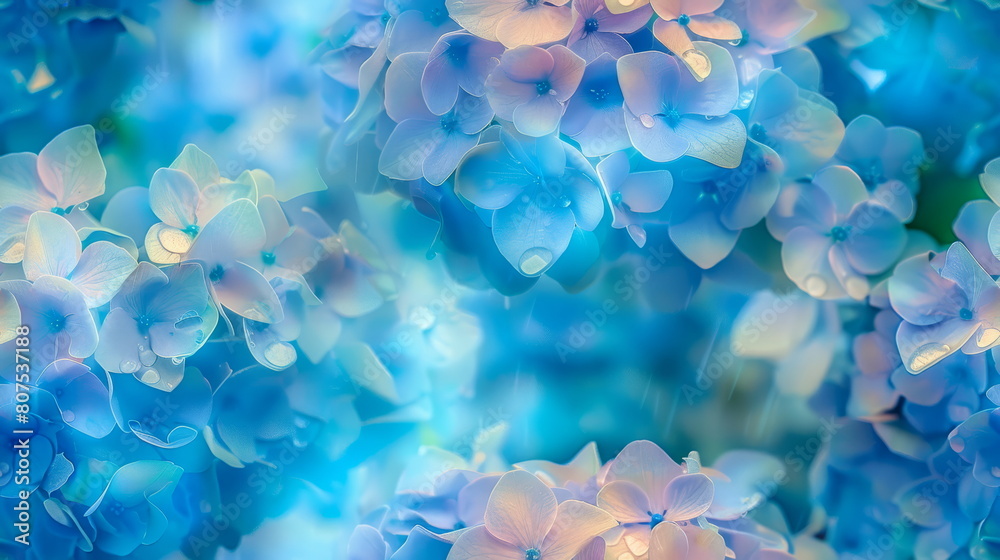 Seamless pattern. Soft focus close-up of blue hydrangeas, ideal for serene wallpapers or floral designs.