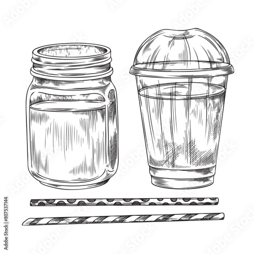 Sketched mason jar and plastic cup vector illustration