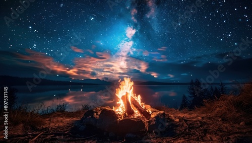 A campfire burning brightly against the backdrop of a starry sky.