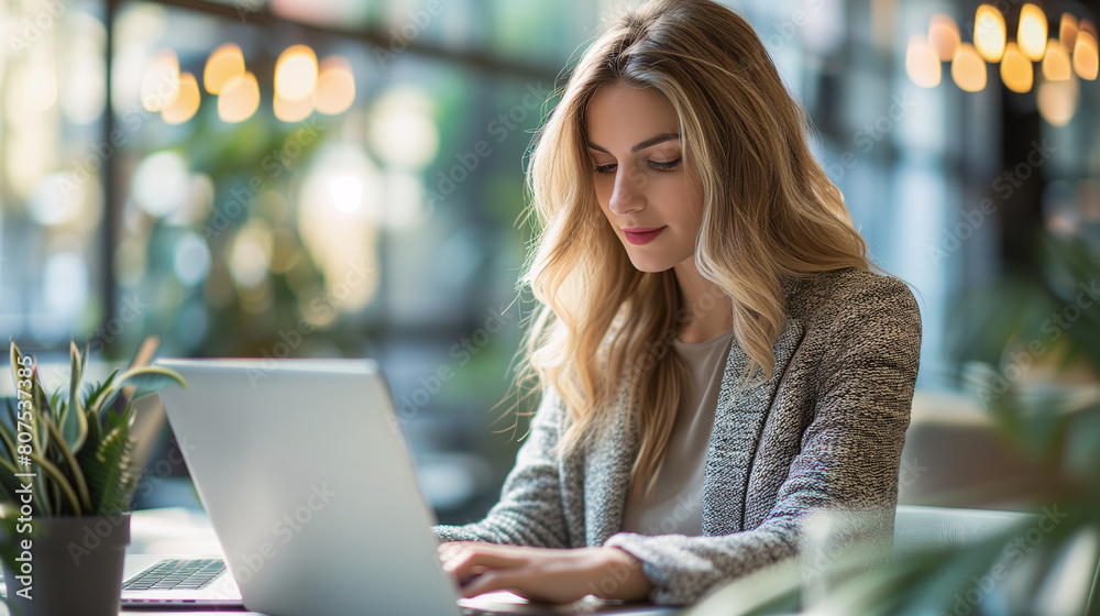 Woman working on her laptop, with a friendly smile, sitting in a well-designed modern workspace with ample natural light. Woman working on her laptop, with a friendly smile, sitting in a well-designed modern workspace with ample natural light.