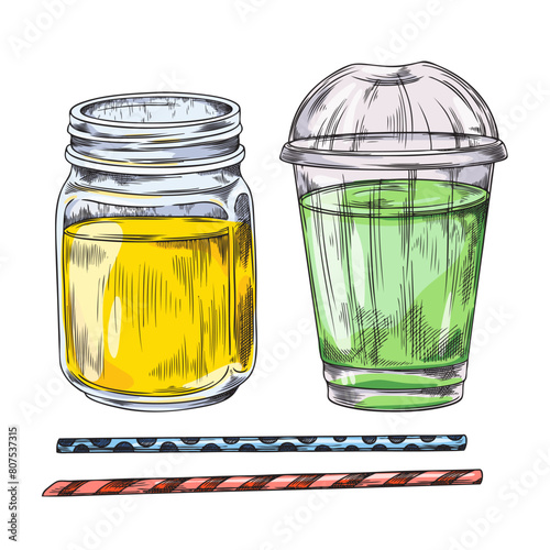 Yellow and green smoothies mason jar and cup vector illustration