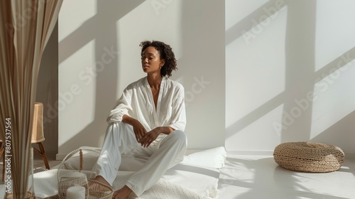 Serene photo of a woman meditating in a sunlit room with indoor plants, ideal for wellness and peaceful living content.