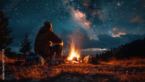 A lone figure huddled around a campfire, lost in thought beneath a blanket of stars.