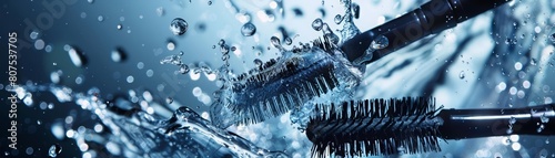 Mascara wands and brow gels merge in a flying cosmetic explosion with water splash photo